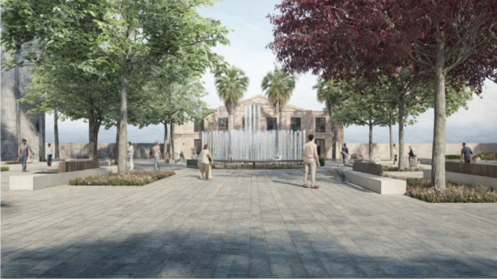 Render de la futura plaza de la estación, que contará con una fuente ornamental.